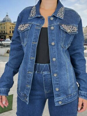 Μοντέρνο Plus Size Τζιν Μπουφάν με Περλέ Στοιχεία