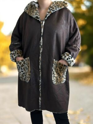 Κομψό μακρύ παλτό-ζακέτα με επένδυση γούνας