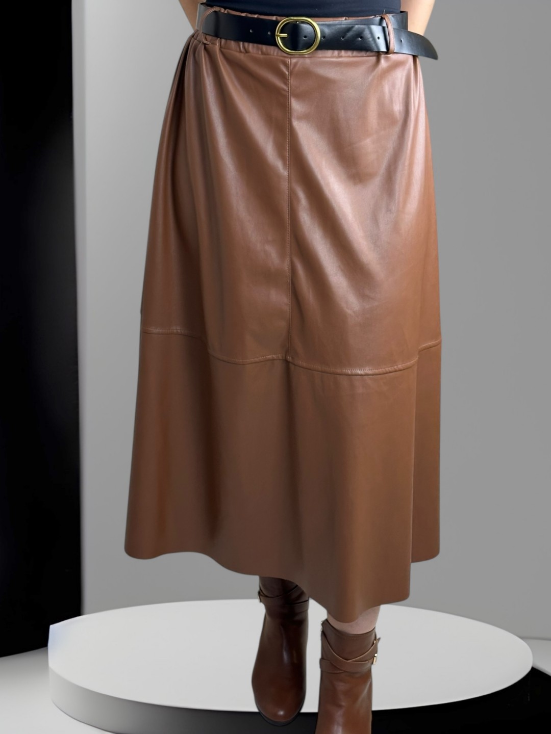 Μίντι Δερμάτινη Φούστα με Ζώνη Μίντι Δερμάτινη Φούστα με Ζώνη