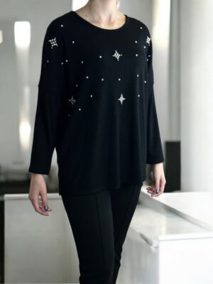 Μαύρη Μπλούζα Διακοσμημένη με Πέρλες & Στρας