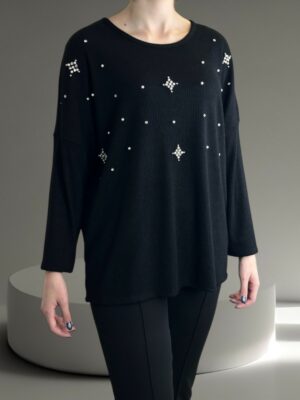 Μαύρη Μπλούζα Διακοσμημένη με Πέρλες & Στρας