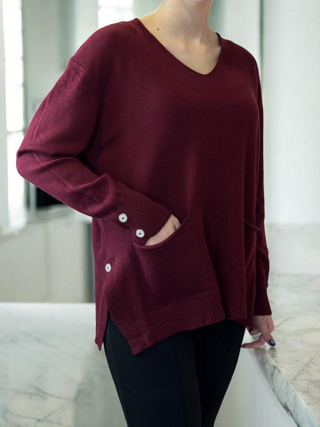 Πλεκτό Top με Μπροστινές Τσέπες και Button Detail Πλεκτό Top με Μπροστινές Τσέπες και Button Detail