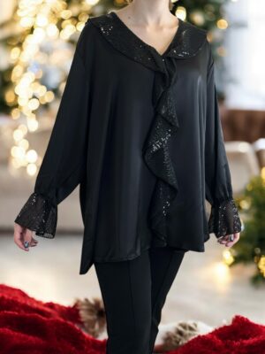 Chic Σατέν Μπλούζα με Βολάν Διακοσμημένο με Παγιέτες