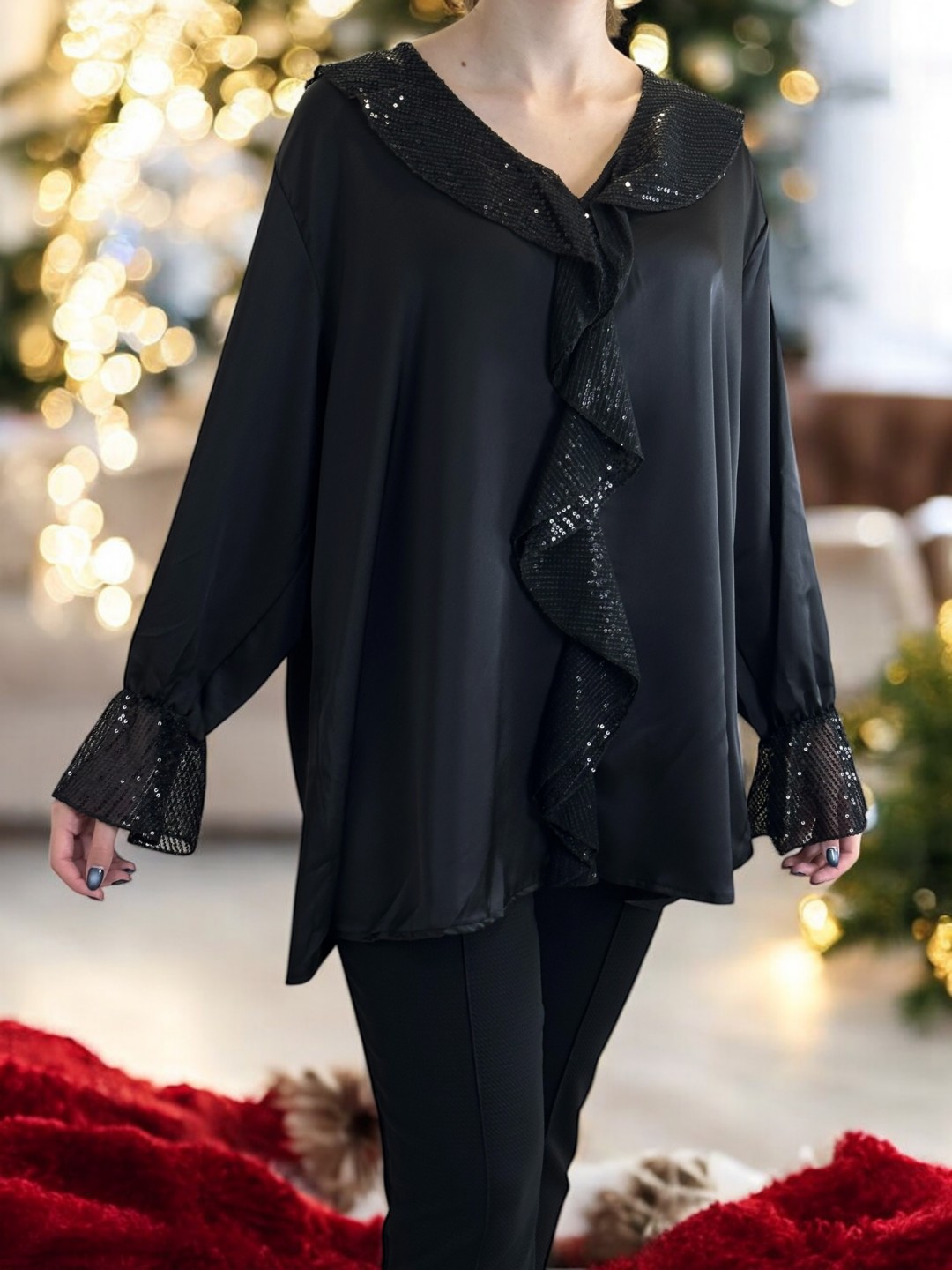 Chic Σατέν Μπλούζα με Βολάν Διακοσμημένο με Παγιέτες Chic Σατέν Μπλούζα με Βολάν Διακοσμημένο με Παγιέτες