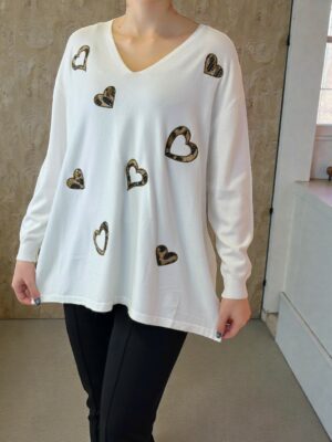 Πλεκτό Sweater με Λεοπάρ Καρδιές