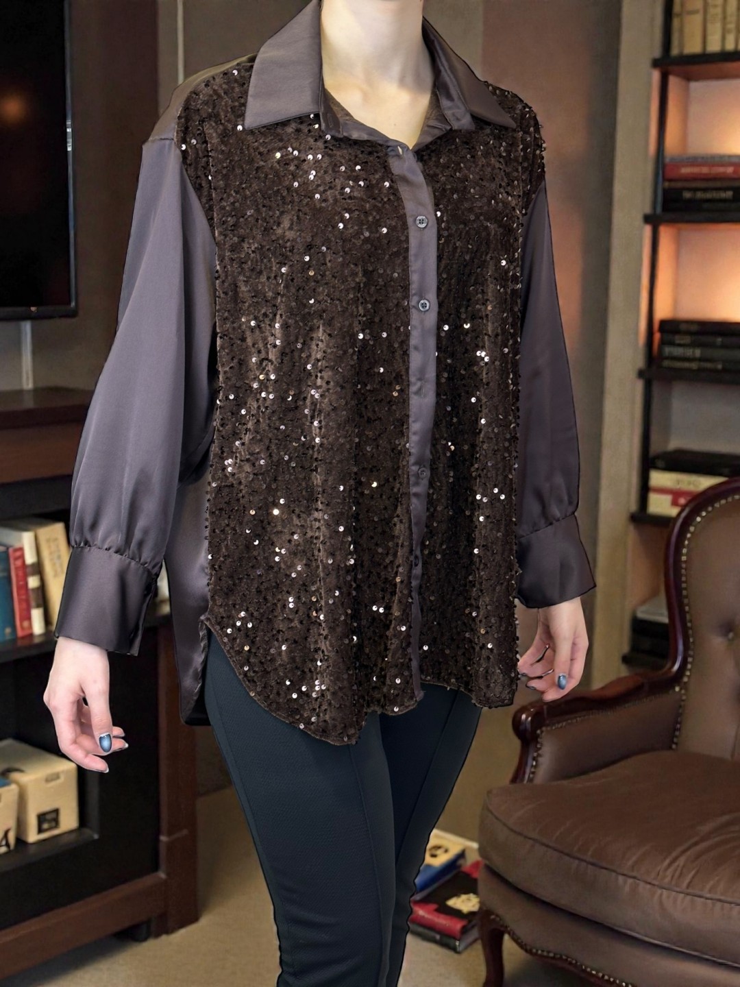 Elegant Σατέν Πουκάμισο με Παγιέτες Μπροστά Elegant Σατέν Πουκάμισο με Παγιέτες Μπροστά