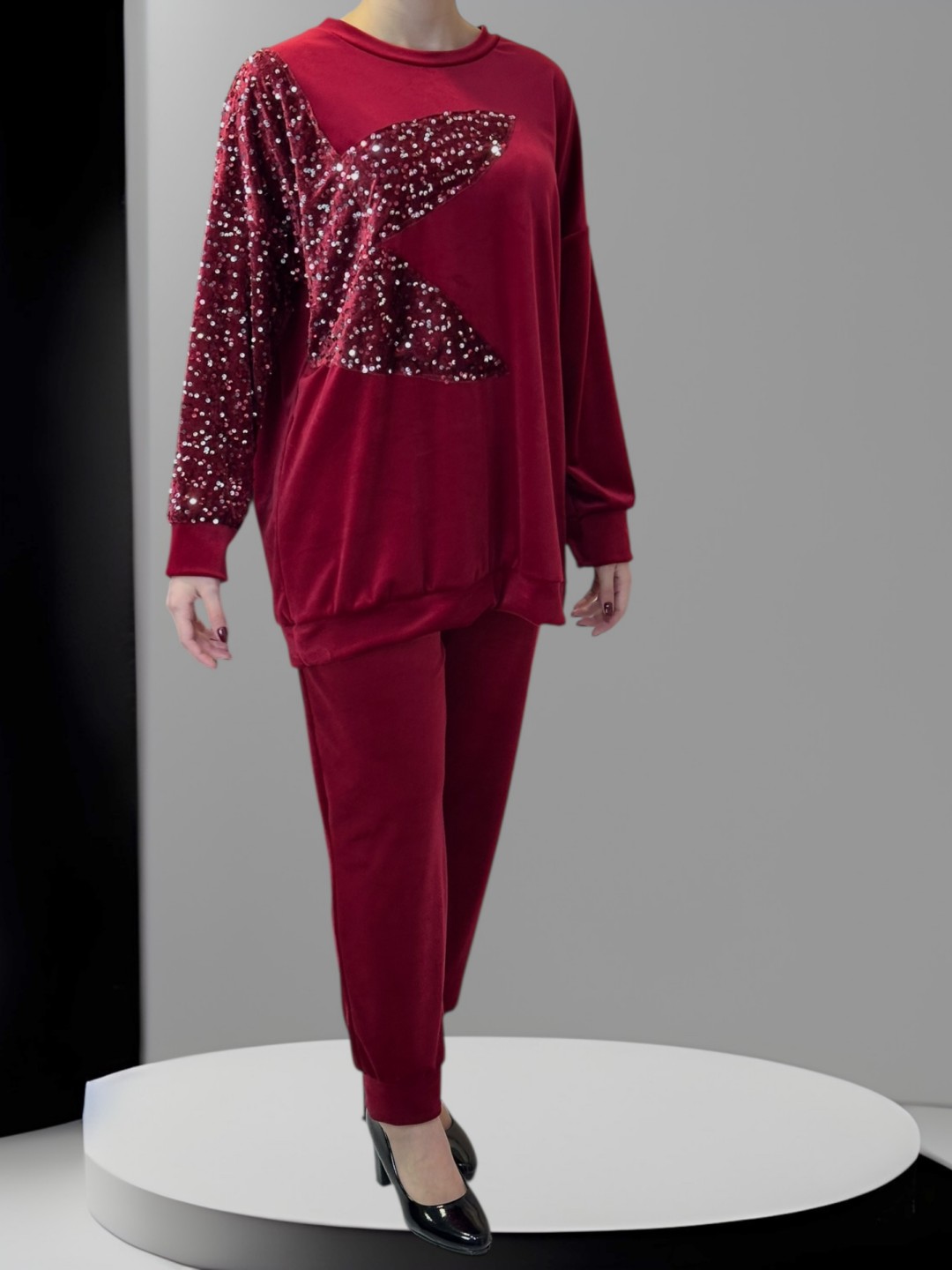 Σετ Βελούδο με Λεπτομέρεια Παγιέτας στα Μανίκια Σετ Βελούδο με Λεπτομέρεια Παγιέτας στα Μανίκια