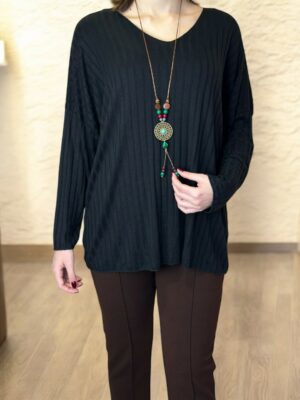 Ελαστική Ριμπ Μπλούζα με Διακοσμητικό Κολιέ