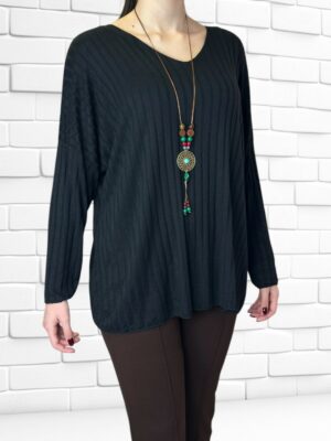 Ελαστική Ριμπ Μπλούζα με Διακοσμητικό Κολιέ