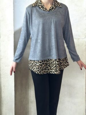 Μπλούζα με Λεοπάρ Γιακά για Ξεχωριστή Εμφάνιση<br/><small class="dmm_sku">Κωδικός προϊόντος: 8570-γκρι</small>