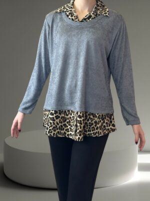 Μπλούζα με Λεοπάρ Γιακά για Ξεχωριστή Εμφάνιση<br/><small class="dmm_sku">Κωδικός προϊόντος: 8570-γκρι</small>