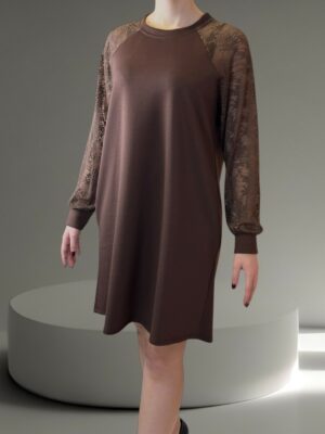 Φόρεμα με Διάφανα Δαντελένια Μανίκια<br/><small class="dmm_sku">Κωδικός προϊόντος: 8707-καφε</small>