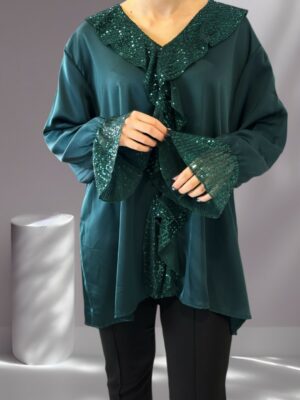 Chic Σατέν Μπλούζα με Βολάν Διακοσμημένο με Παγιέτες