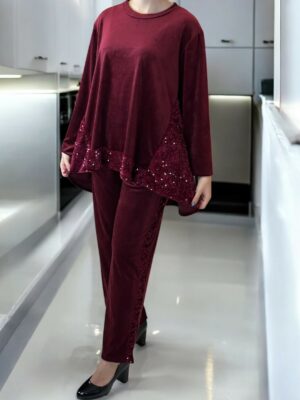 Glam Βελούδινο Σετ με Λάμψη Παγιέτας<br/><small class="dmm_sku">Κωδικός προϊόντος: 8778-μπορντο</small>