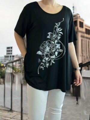 Άνετη ελαστική μπλούζα με λουλουδάτη στάμπα