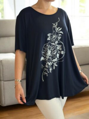 Άνετη ελαστική μπλούζα με λουλουδάτη στάμπα