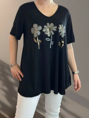 Fashion μπλούζα με V και τρισδιάστατα λουλούδια