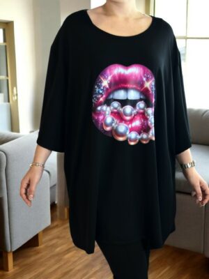 Άνετο μπλουζοφόρεμα  φόρεμα με lips και διακοσμητικές πέρλες