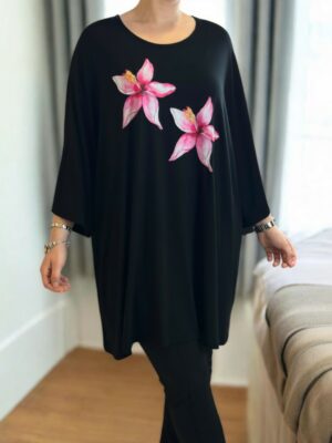 Μαύρο μπλουζοφόρεμα με ροζ λουλούδια