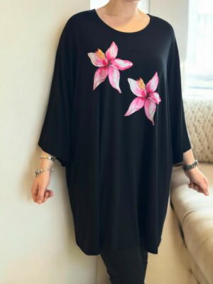Μαύρο μπλουζοφόρεμα με ροζ λουλούδια