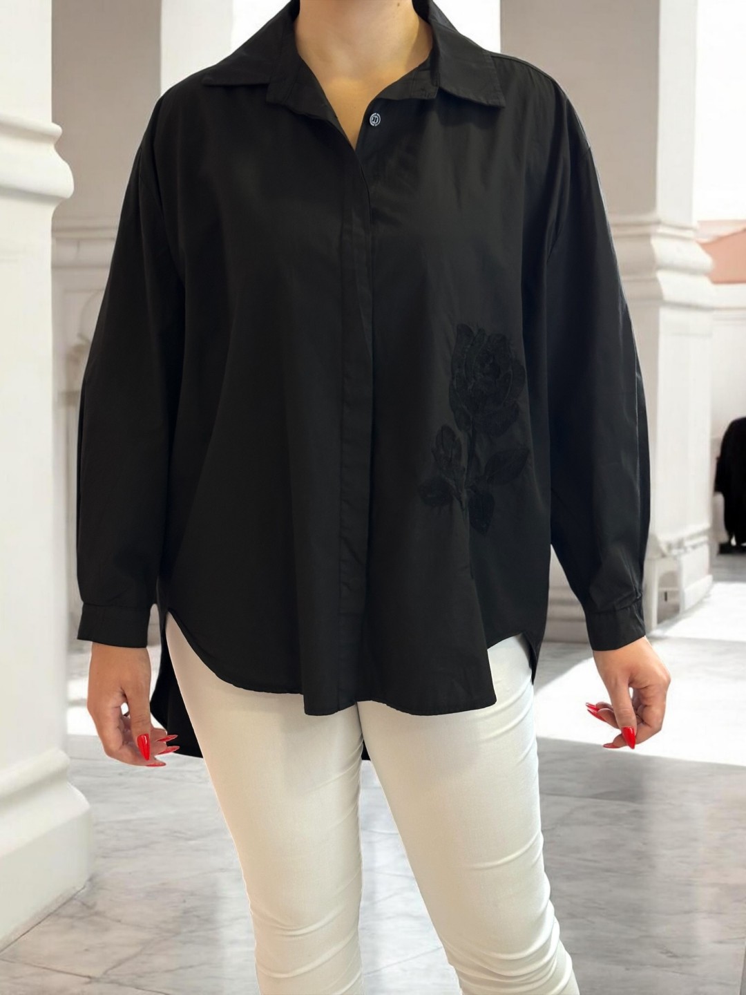 Oversize Πουκάμισο με Κεντητό Τριαντάφυλλο