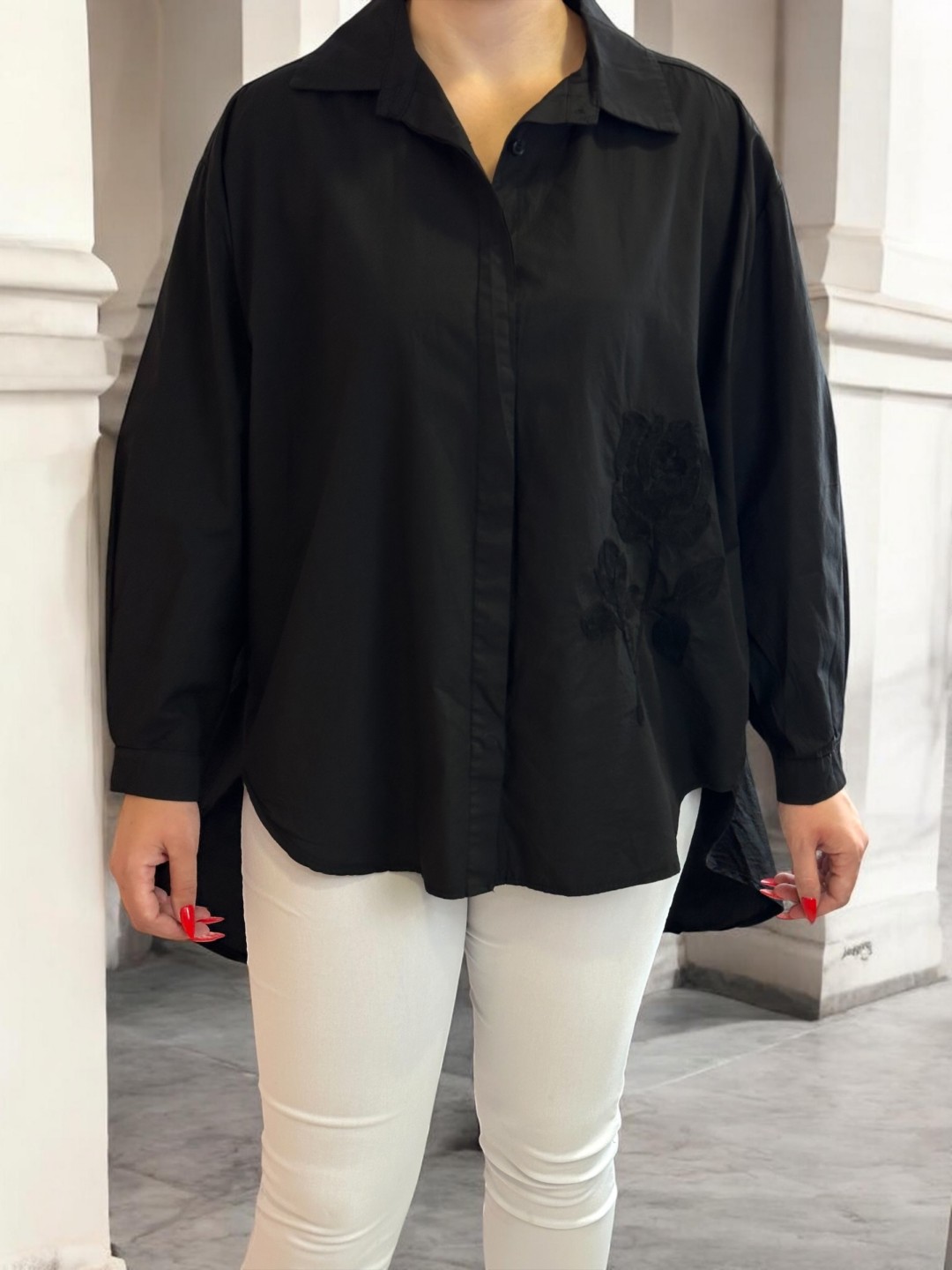 Oversize Πουκάμισο με Κεντητό Τριαντάφυλλο