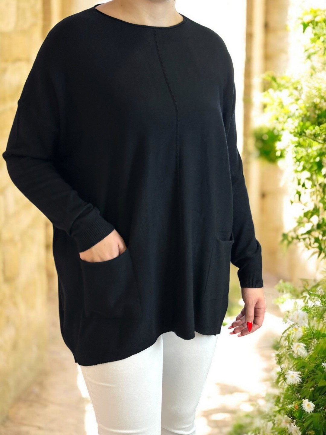 Oversize Πλεκτή Μπλούζα με Τσέπες