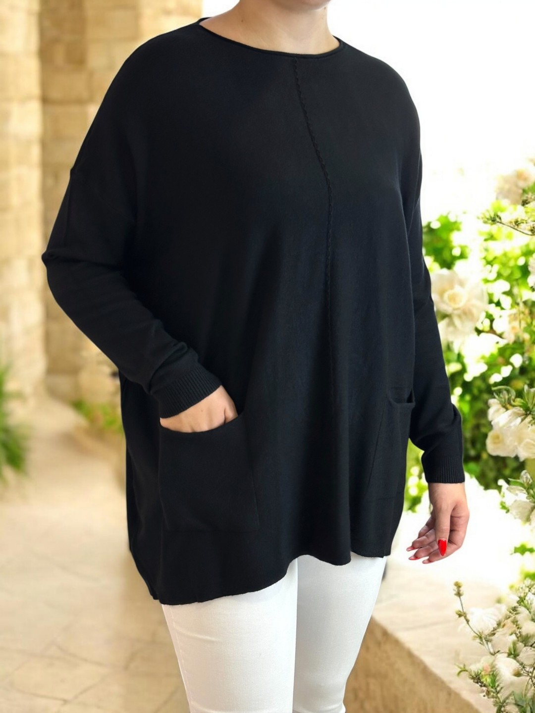 Oversize Πλεκτή Μπλούζα με Τσέπες