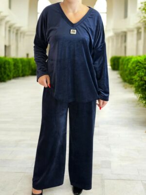 Κομψό Βελούδινο Σετ με Φαρδιά Παντελόνα<br/><small class="dmm_sku">Κωδικός προϊόντος: 9720-μπλε</small>