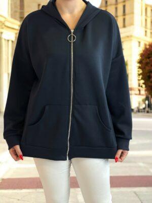 Μπλε casual ζακέτα με κουκούλα & φερμουάρ