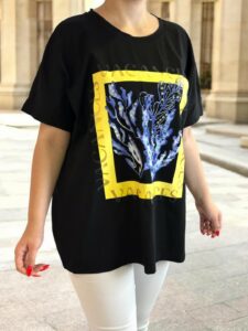 Μαύρο T-Shirt Oversized με εντυπωσιακό Print & Strass