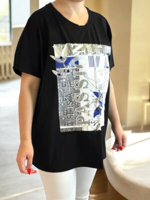 Μαύρο T-Shirt Oversized με εντυπωσιακό Print & Strass