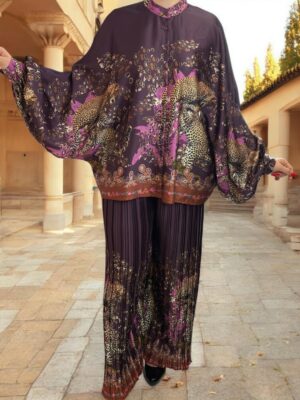 Leopard Print Σετ με Πλισέ Παντελόνα<br/><small class="dmm_sku">Κωδικός προϊόντος: 9755-μωβ</small>