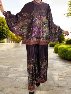 Leopard Print Σετ με Πλισέ Παντελόνα<br/><small class="dmm_sku">Κωδικός προϊόντος: 9755-μωβ</small>