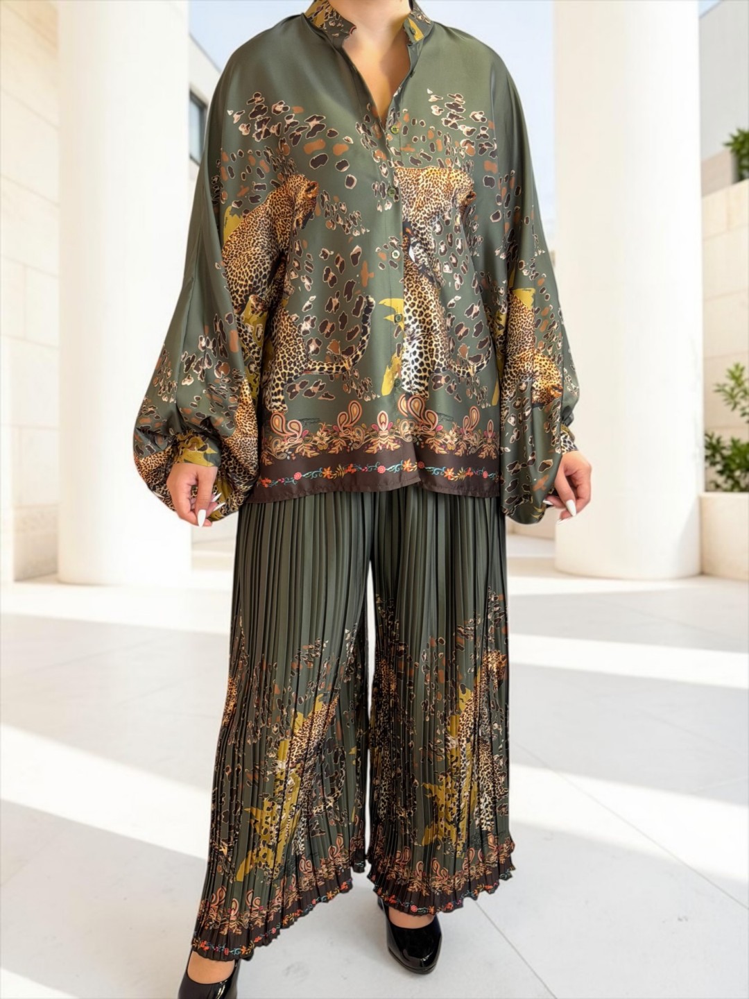 Leopard Print Σετ με Πλισέ Παντελόνα