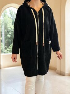 Plus Size Μακριά Κοτλέ Ζακέτα με Κουκούλα