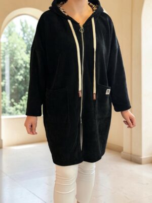 Plus Size Μακριά Κοτλέ Ζακέτα με Κουκούλα