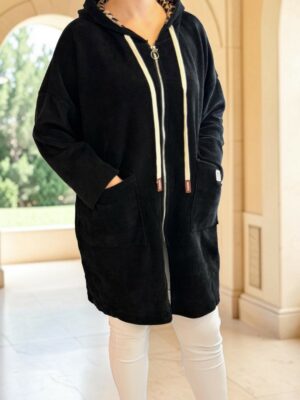 Plus Size Μακριά Κοτλέ Ζακέτα με Κουκούλα
