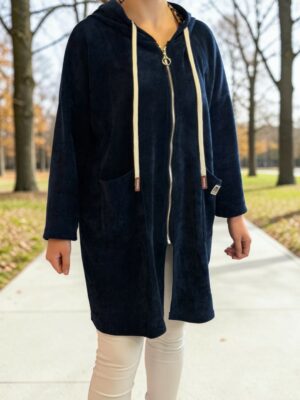 Plus Size Μακριά Κοτλέ Ζακέτα με Κουκούλα