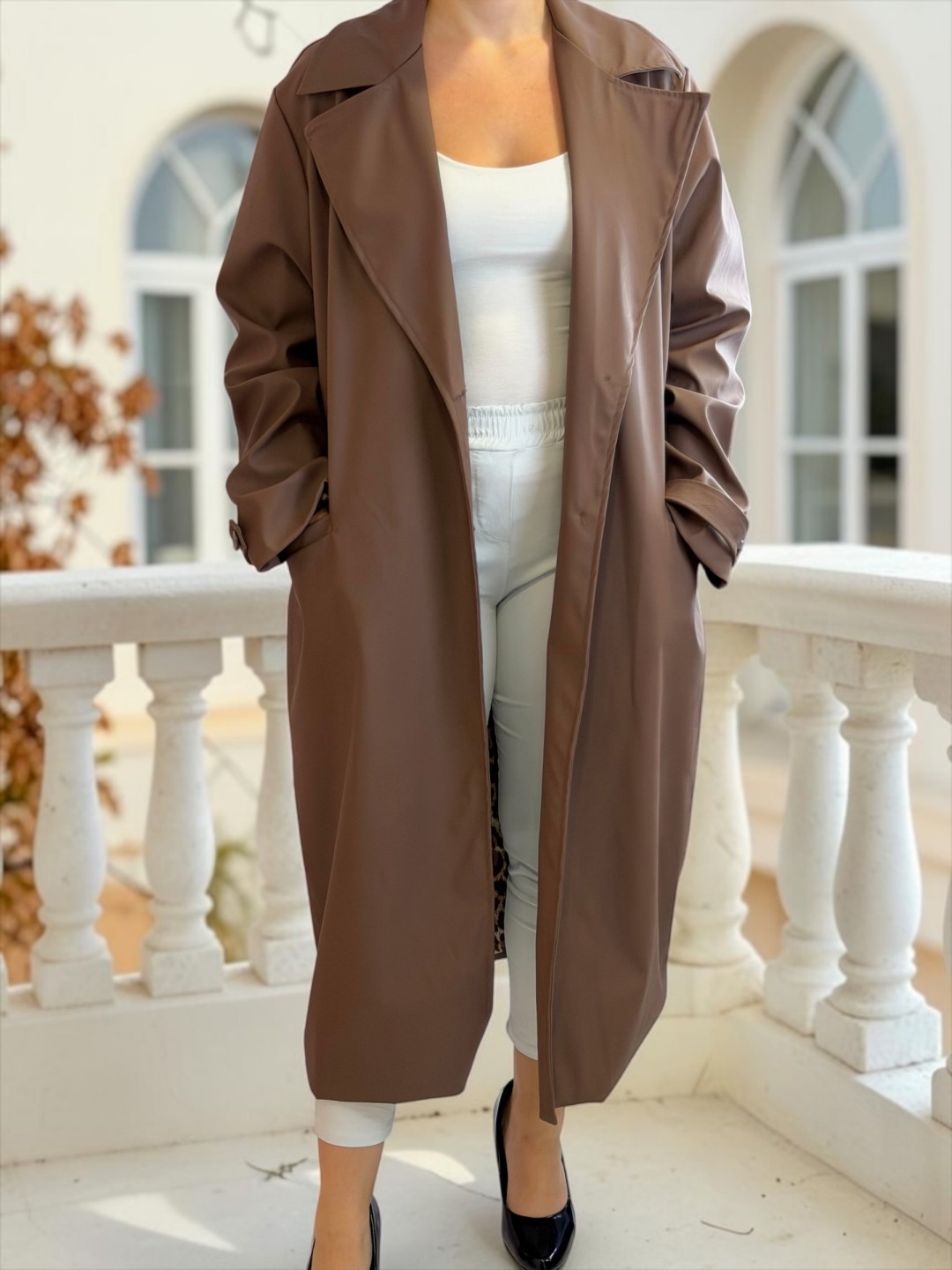 Plus Size Μακριά Καμπαρντίνα με Τσέπες