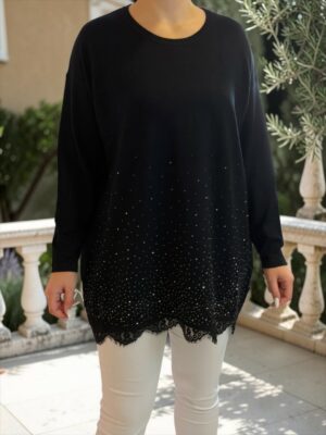 Κομψή Μπλούζα με Strass & Δαντελένιο Τελείωμα