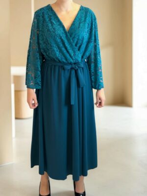 Πετρόλ Μακρύ Φόρεμα με Δαντέλα και Δέσιμο στη Μέση