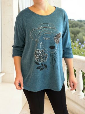 Πετρόλ Μπλούζα με Σχέδιο Γυναίκας και Animal Print