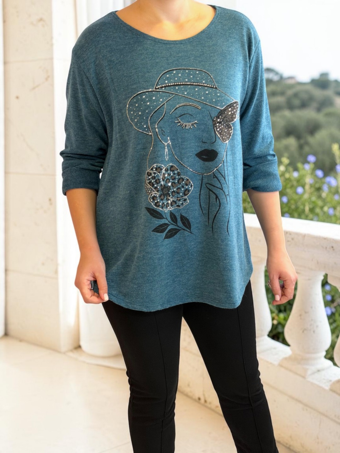 Πετρόλ Μπλούζα με Σχέδιο Γυναίκας και Animal Print